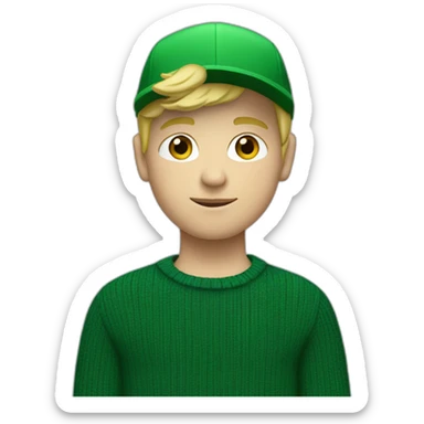 a boy with blond hair, a green sweater, black pants and black shoes and a green cap sticker