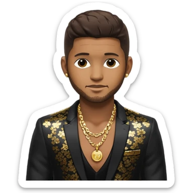 Usher with dark brown hair, black sequin suit jacket, shirtless with necklace sticker
