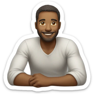 man in calm and happy face while sitting on table sticker