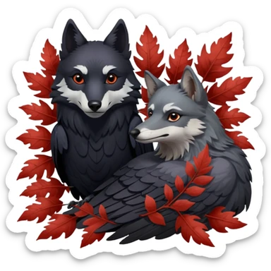 A raven bird and a wolf laying together with Weirwood leaves beneath them  sticker