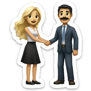 blonde woman shaking hands with dark hair dark eyed man with mustache  sticker