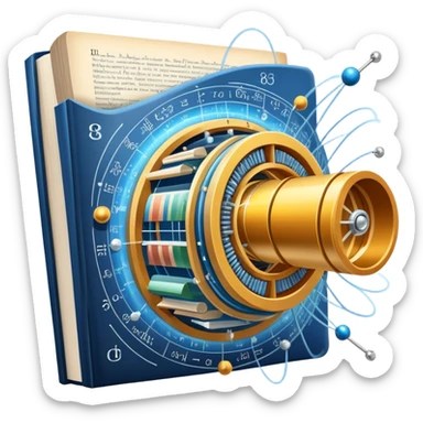 An icon featuring a physics textbook, a large Hadron Collider with particles flying off, symbolizing the study of physics. The design includes atomic models, energy waves, and scientific formulas, representing fundamental physical principles and research. Transparent background. sticker