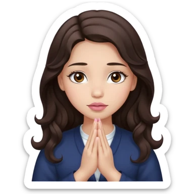 girl with wavy long glamorous dark brown hair, brown eyes, light to medium complexion, long lashes, light pink lipstick, praying sticker