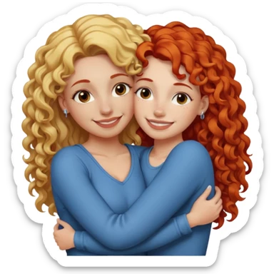 A woman with straight, blonde hair and a nose piercing and a woman with curly red hair and a nose piercing are hugging and smiling together. sticker