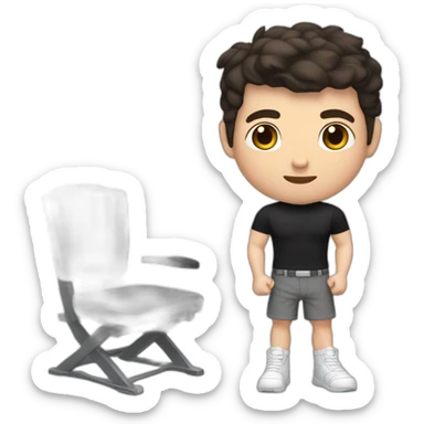 Pale skinned Fit Man With the biceps and dark brown hair in black shirt, gray sports shorts and white Sneakers Sitting on a chair sticker
