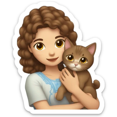 Light skin kabyle girl with brown hair and eyes petting a fluffy brown cat sticker