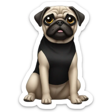 pug wearing a black t-shirt sticker