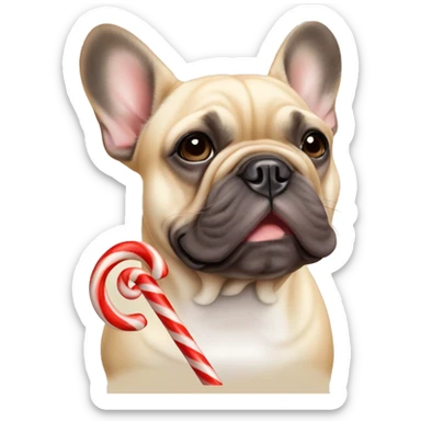 Tan French bulldog with a candy cane sticker