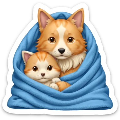 An Orange cat with pointy ears and an English cream retriever dog in a blue blanket  sticker