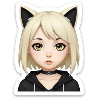 An anime emo girl with a side lip ring, black medium length hair, and cat ears sticker