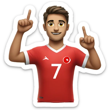 A young Turkish football player holds his jersey emblem with his right hand, points the sky with his left hand sticker