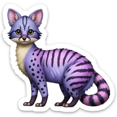 Beautiful fluffy elegant spotted dotted thick puffy hyper-realistic lifelike furry Indigo, purple, violet, pink, Civet-Genet-Possum-Serval-Caracal-Sergal-Trico-Numbat-Furret-fusion-Fakemon-hybrid-creature (full body) with long tufted ears and a striped tufted tail  sticker