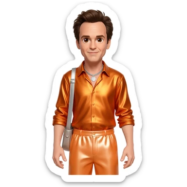 Jim Carrey with brown eyes, dark brown hair, orange metallic shirt, light orange metallic baggy pants, silver necklace sticker