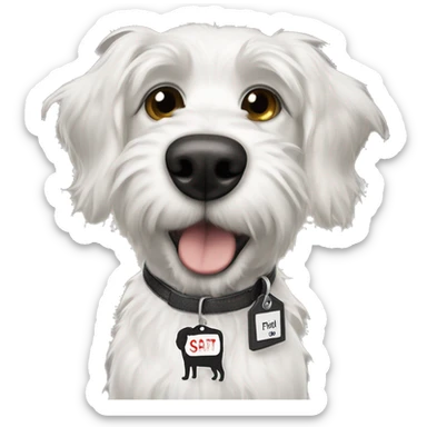 Scruffy white and black dog with a name tag that says Stuart  sticker