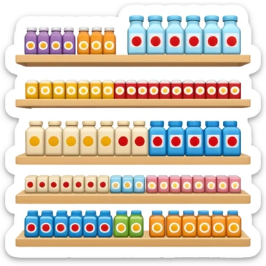 "Minimalist Japanese retail shelf display, products aligned identically in horizontal rows, each item repeated directly behind the other (multiple units in depth), vertically varied by type, clean spacing, precise symmetry, soft neutral lighting, front-facing packages, ultra-detailed." sticker