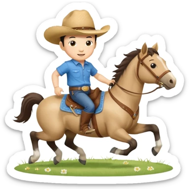 l little chinese baby boy riding on a  cute horse running on the grass with 2026 year label sticker