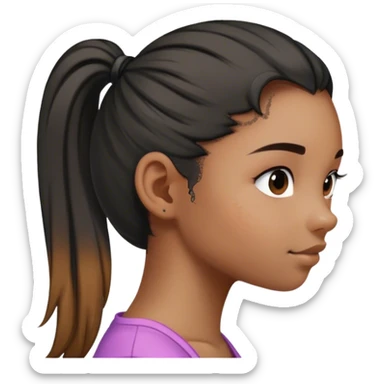 A drawing of a girl with her hair in a ponytail and she has hyerpigmentaton on her cheek sde profileher hair in ponytail is blak to whit sticker