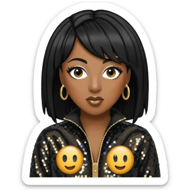 Missy Elliott with black hair, black sequin jumpsuit sticker