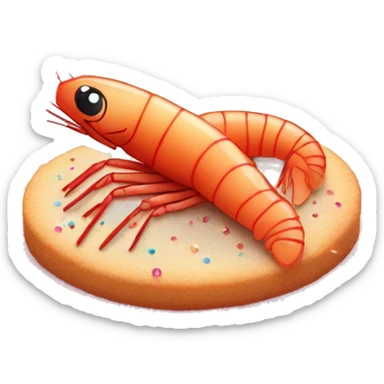 Shrimp sat on top of a cookie surrounded by sparkles and fairy lights sticker