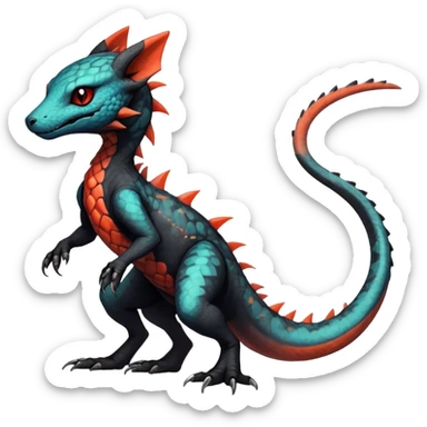 Rare realistic exotic edgy warm-colored dark gothic cool badass epic pretty beautiful handsome gorgeous aesthetic colorful vibrant Vernid-Trico-species-Fakemon-Salandit-hybrid-creature by LiLaiRa, 4 legs, 1 tail, random markings, (full body) sticker