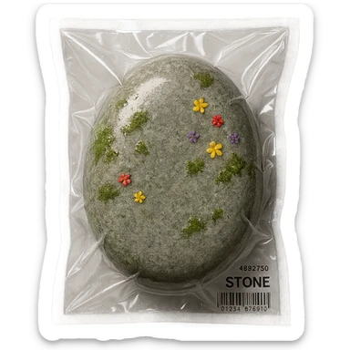 smooth light gray stone with patches of moss and scattered small colorful flowers, glossy sticker
