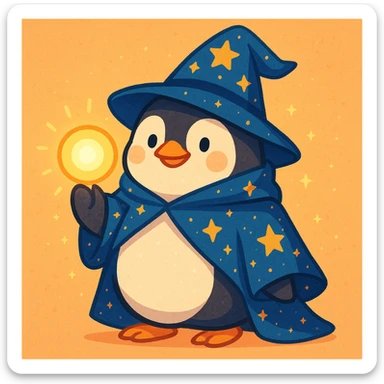 chubby penguin wizard with starry cloak and glowing orb, soft rounded illustration style sticker