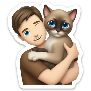 Siamese cat Hug a white boy who has long brown hair and blue eyes sticker