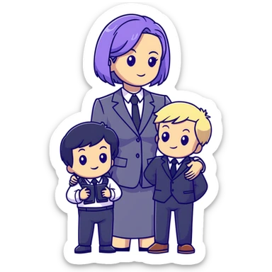 The Parr family from Incredibles in civilian clothes - Bob in business suit, Helen in casual clothes, Violet teen with black hair, Dash blonde boy, baby Jack-Jack sticker