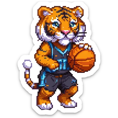 cartoon tiger playing basketball pixel art sticker