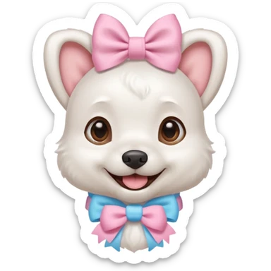 a cute white dog wearing a pink blue pastel bow on his head while he smiles excitedly sticker