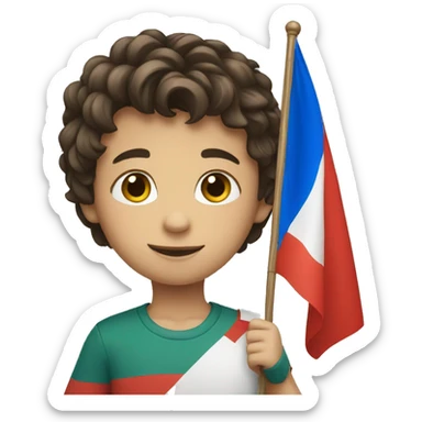 A boy holds the Russian flag sticker