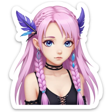 Gorgeous beautiful pretty grumpy anime lady long-pale-whitish-pastel-pink-hair with one braid on each side, hanging purple feather-ear-cuffs with pink tips in hair, black bodysuit, blue eyes, pink iris, ethereal, fashion aesthetic  sticker