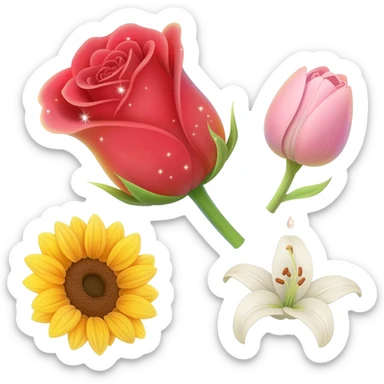 1. single red rose floating with sparkles
2. pink tulip with soft glow
3. yellow sunflower spinning slowly
4. small daisy flower drop animation
5. white lily with light particles sticker