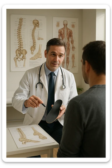 A realistic, cinematic illustration of a professional male doctor in his mid-40s, wearing a white coat, calmly explaining to a patient the benefits of using orthopedic insoles (plantari) for posture correction. The doctor holds a custom insole in his hand while pointing gently to a detailed anatomical poster showing the human spine, pelvis, and feet, illustrating the connection between foot alignment and posture. The setting is a bright, clean medical office with soft natural lighting, a treatment table, and educational anatomical charts in the background. The patient, seen from behind, listens attentively, while the doctor maintains a warm, knowledgeable expression, emphasizing preventive care and body alignment through plantar support. The scene feels trustworthy, modern, and health-focused. sticker