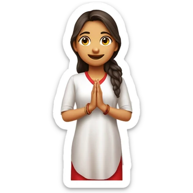 A teenage girl wearing plain white v  neck , elbow length sleeves kurty, with no designs . She is also wearing red plain modi jacket with red buttons on top of kurti. She is joining her hands a praying . Make full body  emojie sticker