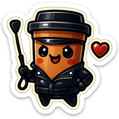 Tall coffee cup, dressed in leather holding a whipping crop, mischevious, heart sticker