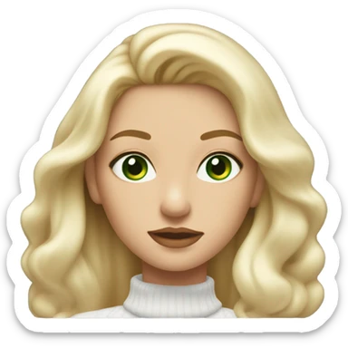 solo blonde girl with green eyes, smooth skin, white sweater, long blow out hair, baddie, middle part sticker