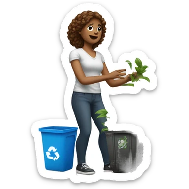 "White woman throwing a plant in the trash."
 sticker