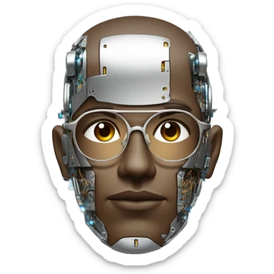 Male cyborg head with metallic plated face, brown flat top, glasses and circuits sticker