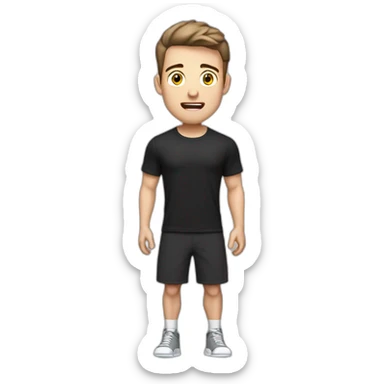 amazed Open with surprise mouth Pale skinned Fit Man With the biceps and dark brown hair in black shirt, gray sports shorts and white Sneakers sticker