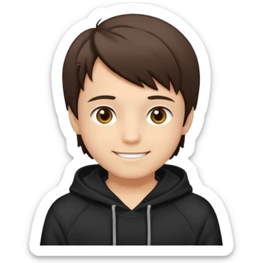 A brunette boy, short straight hair, light brown eyes, with a black sweatshirt with a hoodie, and smile  sticker