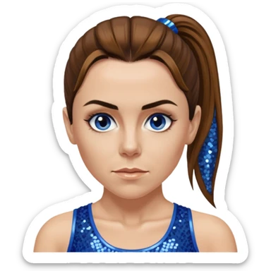 Melanie C with long brown ponytail hair, blue sequin crop top, hazel eye sticker