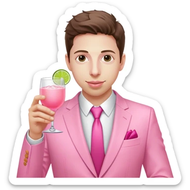 Create an image of a person resembling Sam Altman, dressed in an all-pink suit, with one hand holding a pink tequila drink.  sticker