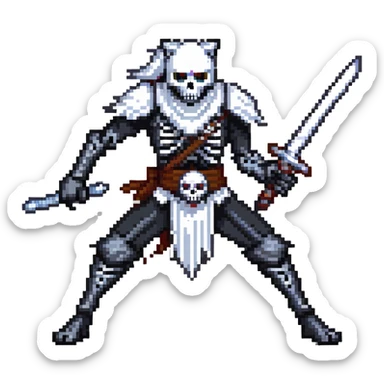 pixel art ninja skeleton wielding swords, accompanied by a white wolf sticker