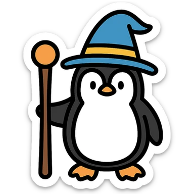 penguin wizard with a staff and wizard hat, color outline icon sticker