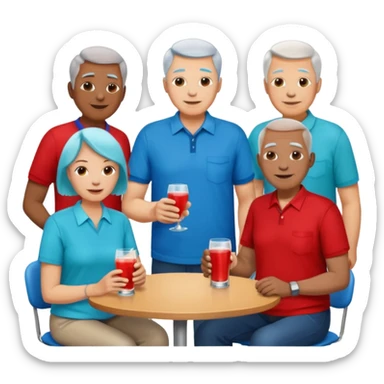 A room packed with adults and seniors in casual clothing with red, aqua and blue shirts, some with drinks, chatting at an afterwork meeting sticker