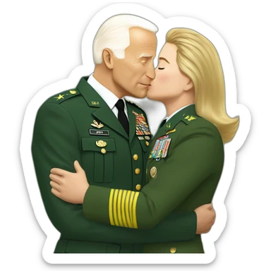 Vladimir Zelenskiy in green military clothes kissing by Joe Biden in classic suit sticker