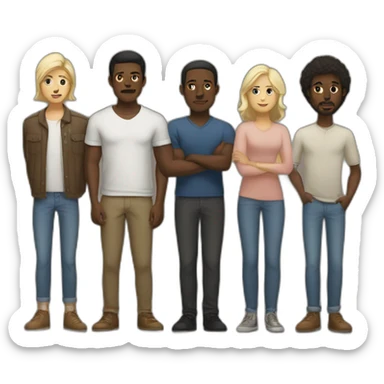 six dark-skinned men stand behind a pale blonde woman sticker