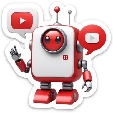 A cute 3D robot mascot icon with YouTube-style play button eyes and a speech bubble, red and white color scheme, friendly and approachable design, perfect for AI chat interface sticker