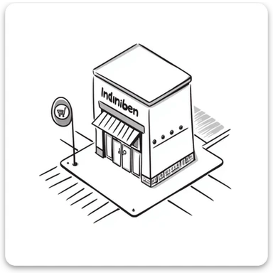 Isometric supermarket building with glass entrance, shopping cart return areas, and parking spaces sticker